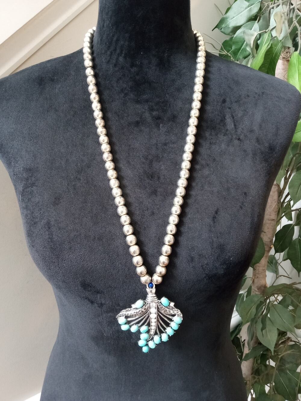 Silver Tone Turquoise Beaded Pendant Necklace Southwestern Boho Statement